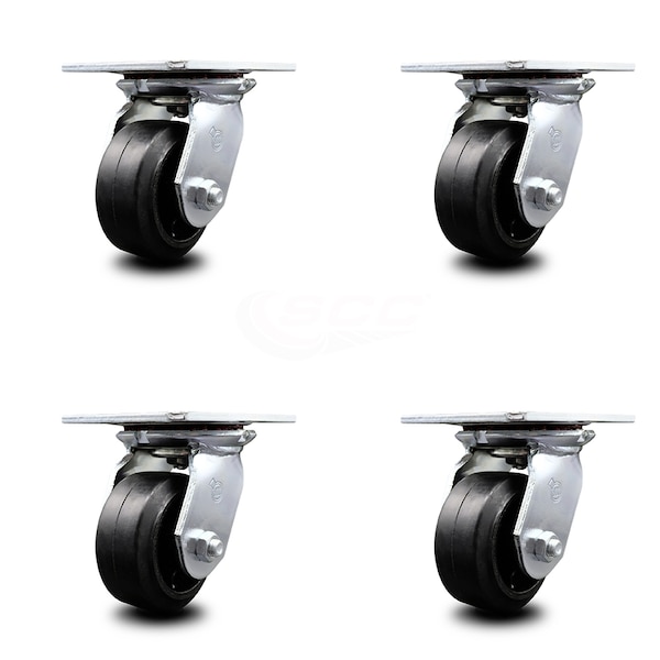 4 Inch Heavy Duty Rubber on Steel Caster Set with Ball Bearings SCC, 4PK